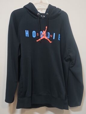 Jordan XL Men’s Black Hoodie with Blue Lettering and Orange Jumpman